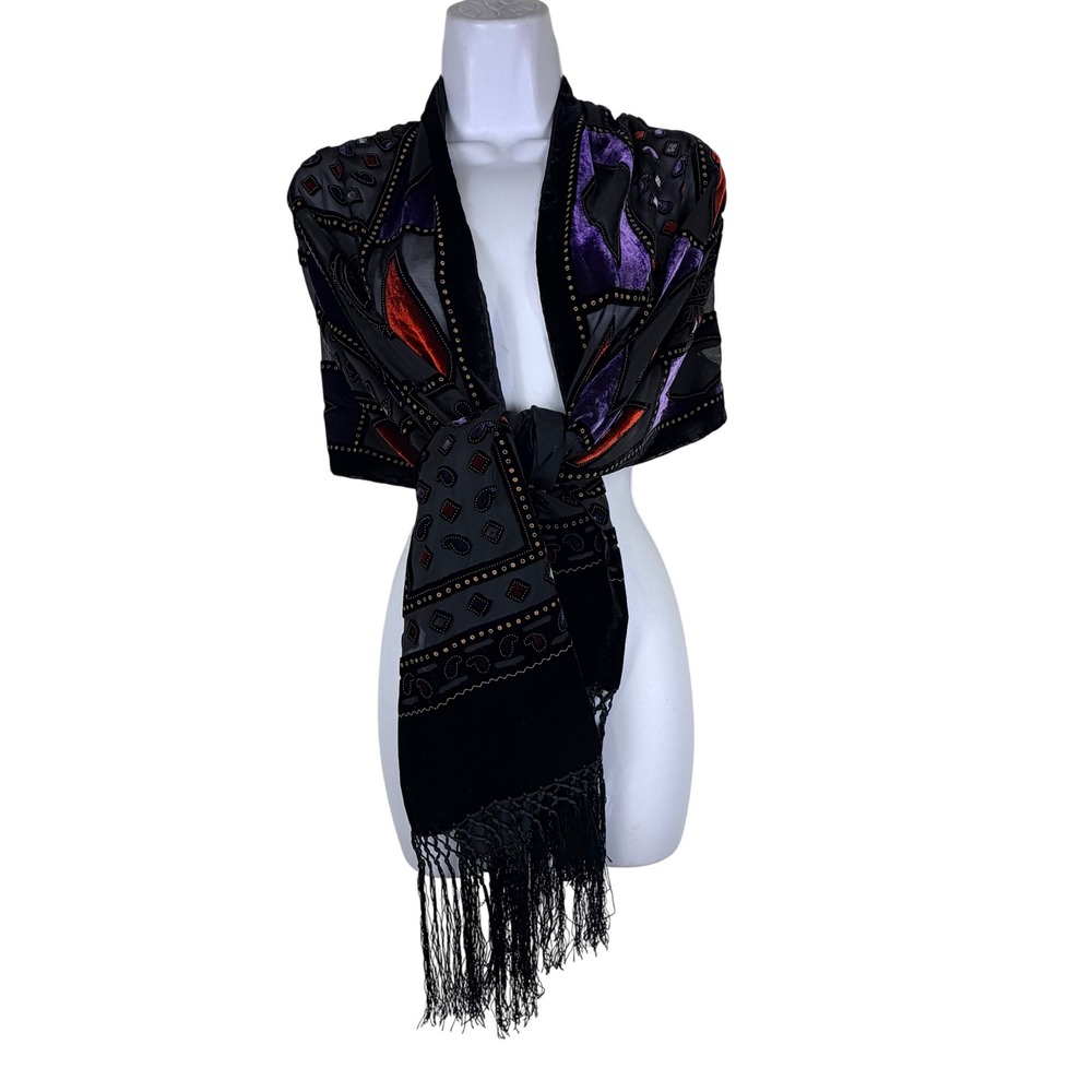 Vintage Velvet Burnout Shawl Scarf Black Purple Paisley Fringe Dark Romantic